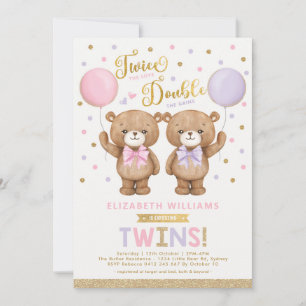 Roze Paarse Teddy Bear Twins Ballon Baby shower Kaart