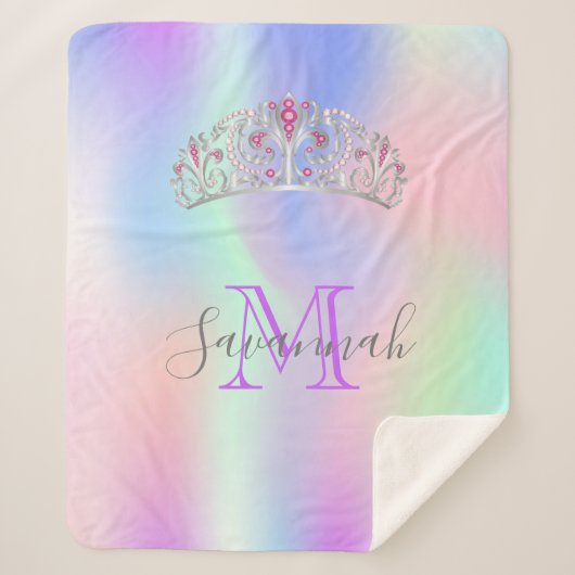 Roze paarse tiara crown monogram holografisch sherpa deken (Voorkant)