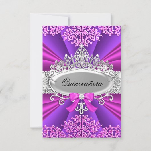 Roze/Paarse Tiara & Damask Quinceanera Invite Kaart (Voorkant)