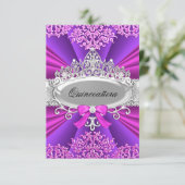 Roze/Paarse Tiara & Damask Quinceanera Invite Kaart (Staand voorkant)