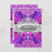 Roze/Paarse Tiara & Damask Quinceanera Invite Kaart (Voorkant / Achterkant)