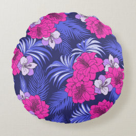 Roze & Paarse Tropical - Een fel hibiscus ontwerp Rond Kussen
