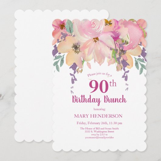 Roze Paarse Tuin Bloemen 90ste Verjaardagsbrunch Kaart (Voorkant / Achterkant)