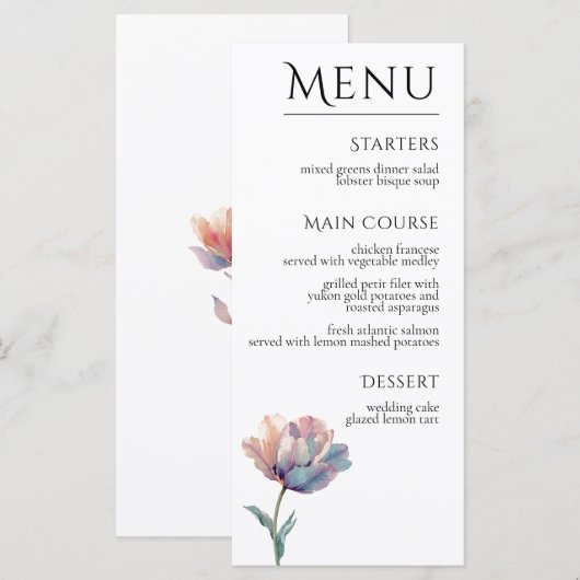 Roze Paarse Tulp Elegante Bloemige Bruiloft Menu (Voorkant / Achterkant)
