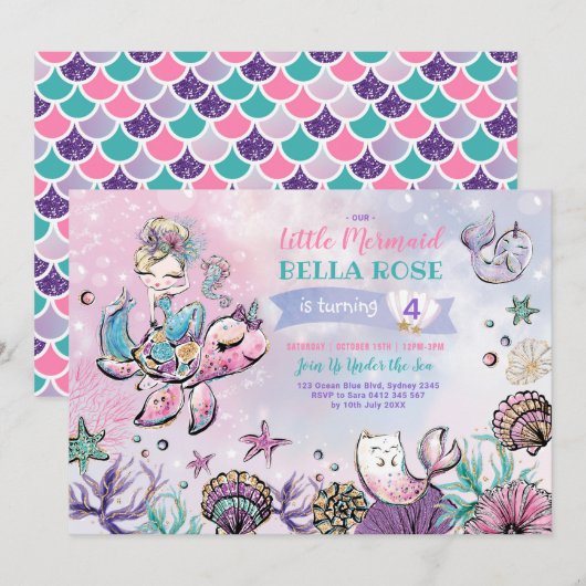 Roze Paarse Turquoise Mermaid Pool Party Birthday Kaart (Voorkant / Achterkant)