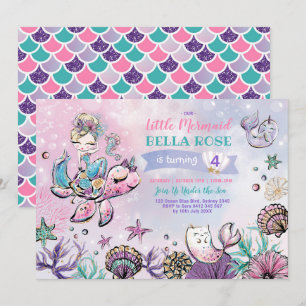 Roze Paarse Turquoise Mermaid Pool Party Birthday Kaart