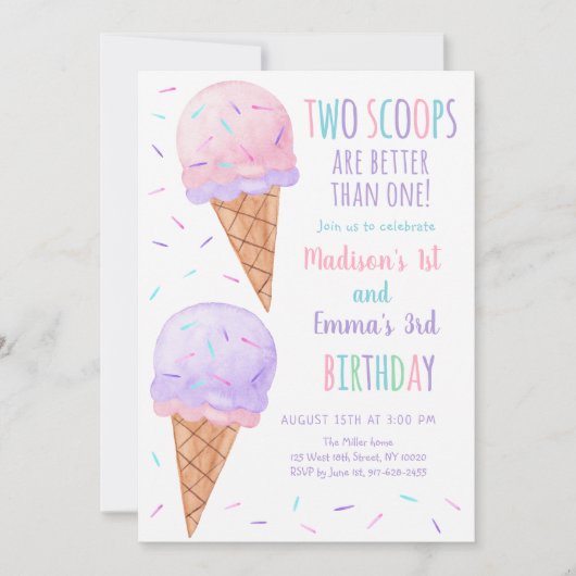 Roze Paarse Two Scoops Ice Cream Joint Verjaardag Kaart (Voorkant)