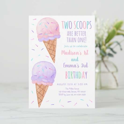 Roze Paarse Two Scoops Ice Cream Joint Verjaardag Kaart (Staand voorkant)