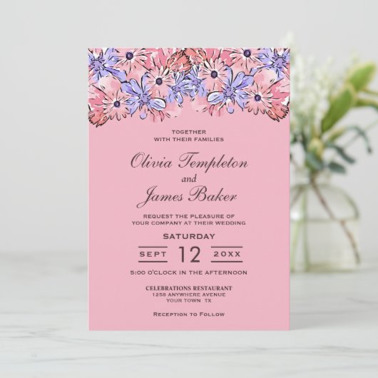 Roze Paarse uitnodiging voor een huwelijk (Staand voorkant)