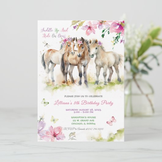 Roze Paarse uitnodiging voor geboorte van paarden (Staand voorkant)