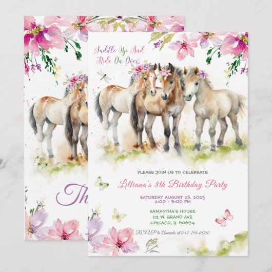 Roze Paarse uitnodiging voor geboorte van paarden (Voorkant / Achterkant)