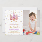 Roze Paarse Unicorn Birthday Uitnodigingen met fot (Voorkant)