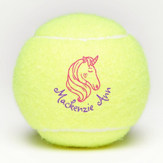 Roze Paarse Unicorn Cute Speciaal Kinder Naam Tennisballen (Voorkant)
