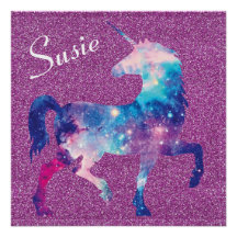 Roze Paarse Unicorn Glitter Name Poster