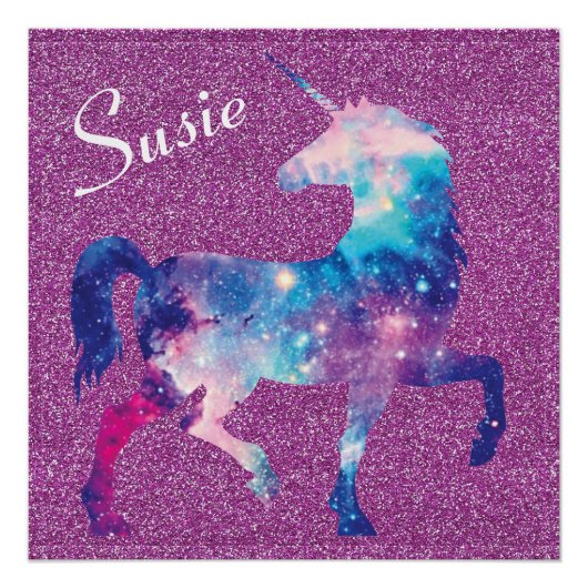 Roze Paarse Unicorn Glitter Name Poster (Voorkant)