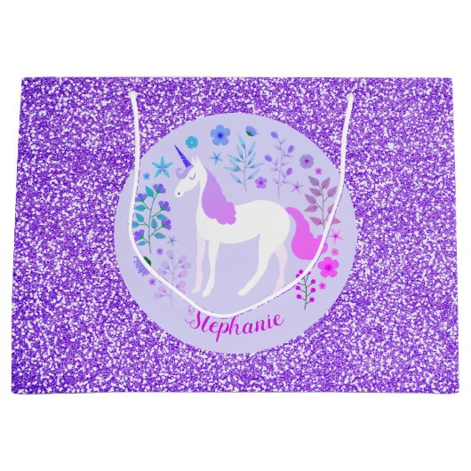 Roze Paarse Unicorn Glitter Personalized Groot Cadeauzakje (Voorkant)