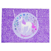 Roze Paarse Unicorn Glitter Personalized Groot Cadeauzakje (Achterkant)