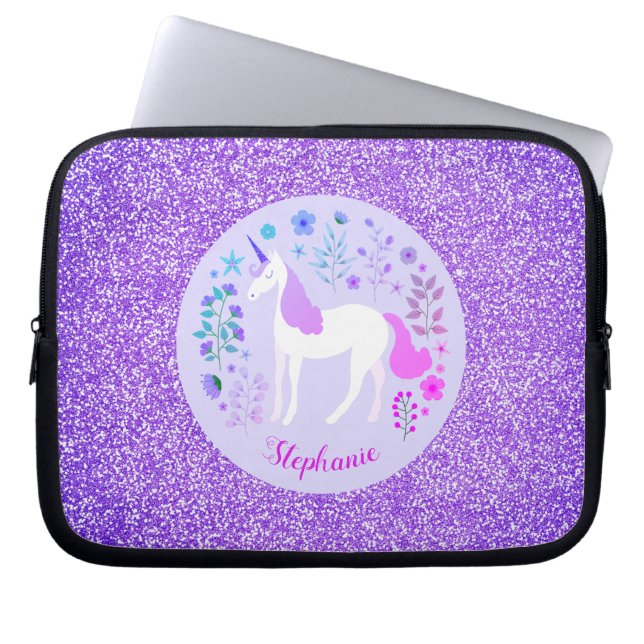 Roze Paarse Unicorn Glitter Personalized Laptop Sleeve (Voorkant)