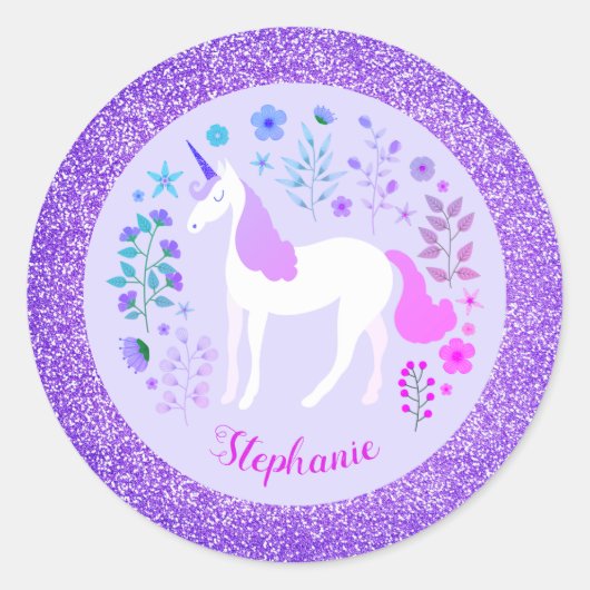 Roze Paarse Unicorn Glitter Personalized Ronde Sticker (Voorkant)