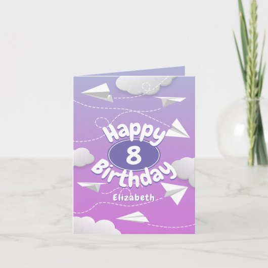 roze paarse verjaardag van vliegende papieren vlie kaart (Voorkant)