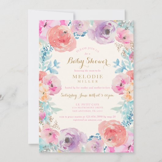 Roze Paarse Vintage Bloemen Baby shower Uitnodigin Kaart (Voorkant)