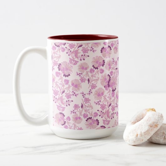 Roze Paarse Vintage Bloemmotief Mok (Met donut)