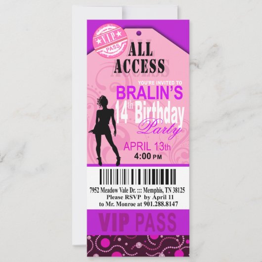 Roze Paarse VIP 14e verjaardag Ticket Party Kaart (Voorkant)