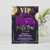 Roze Paarse VIP Feestbus Uitnodiging (Staand voorkant)