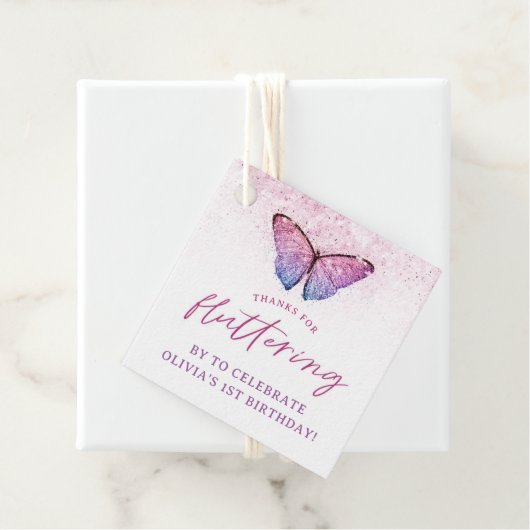Roze Paarse Vlinder 1e Verjaardag Bedankt Bedankjes Labels (In situ)