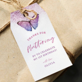 Roze Paarse vlinder 1e verjaardag Favor Cadeaulabel