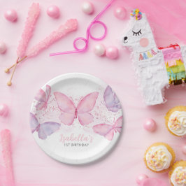 Roze Paarse vlinder 1e verjaardag meisje Papieren Bordje