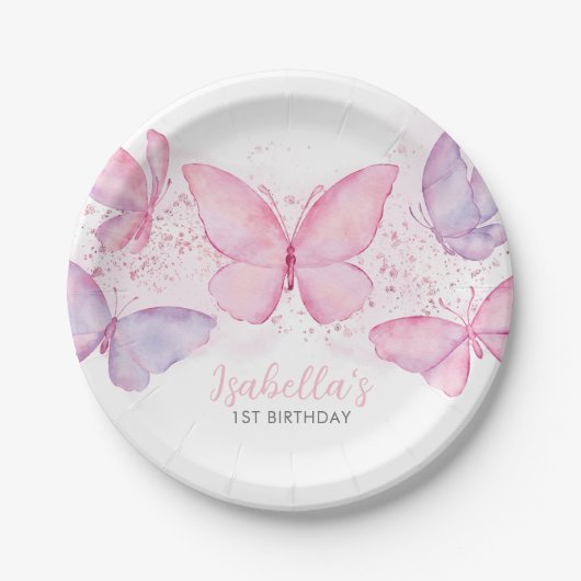 Roze Paarse vlinder 1e verjaardag meisje Papieren Bordje (Voorkant)