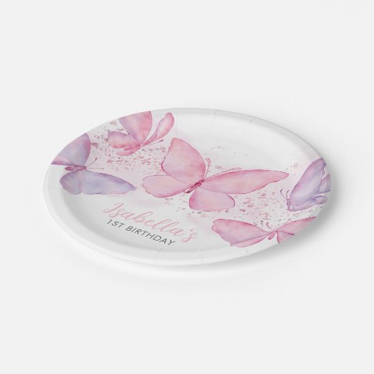 Roze Paarse vlinder 1e verjaardag meisje Papieren Bordje (Gekanteld)