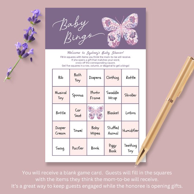 Roze Paarse Vlinder Baby Bingo Game Kaart (Shown at 5.5" x 8.5" size)
