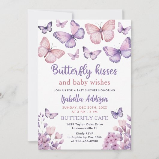 Roze Paarse Vlinder Baby Meisje Douche Kaart (Voorkant)