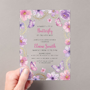 Roze Paarse Vlinder Baby Shower Acryl Uitnodigingen