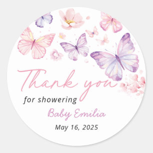Roze Paarse Vlinder Baby Shower Bedankje Favor Ronde Sticker