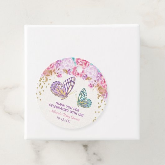 Roze paarse vlinder baby shower bedankjes labels (In situ)