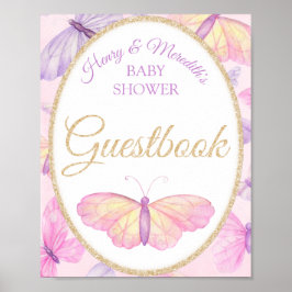 Roze & Paarse Vlinder Baby Shower Gastboek Bord Poster