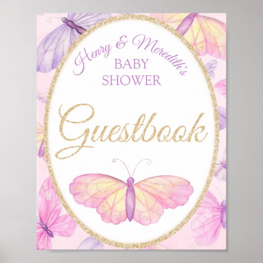 Roze & Paarse Vlinder Baby Shower Gastboek Handtek Poster (Voorkant)