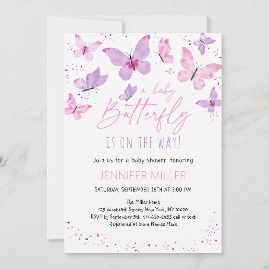 Roze Paarse vlinder Baby shower Kaart (Voorkant)