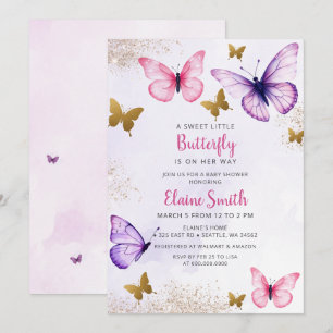 Roze Paarse Vlinder Baby Shower Kaart