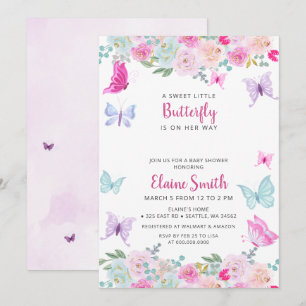 Roze Paarse Vlinder Baby Shower Kaart