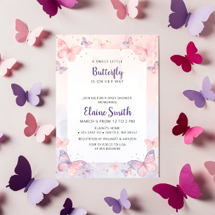 Roze Paarse Vlinder Baby Shower  Kaart