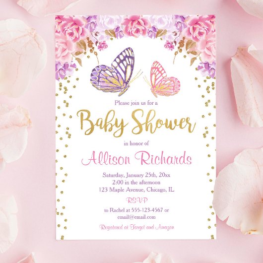 Roze paarse vlinder baby shower kaart