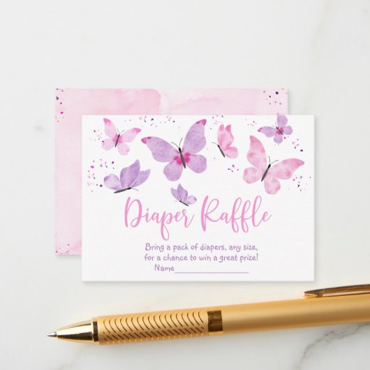 Roze Paarse Vlinder Baby shower Luier Raffle Informatiekaartje (Voorkant / Achterkant in situ)