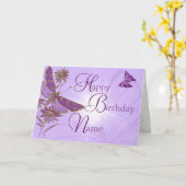 Roze Paarse vlinder Birthday Kaart (Gele Bloem)