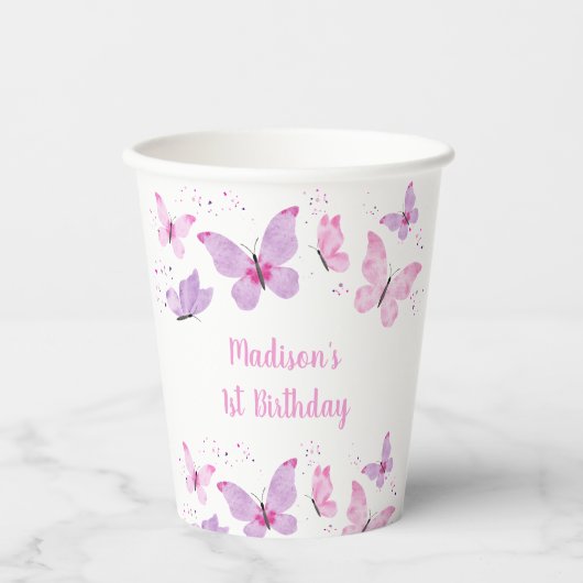 Roze Paarse vlinder Birthday Papieren Bekers (Voorkant)