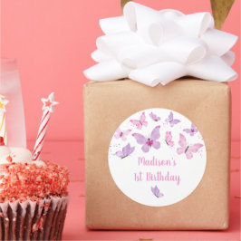 Roze Paarse vlinder Birthday Ronde Sticker