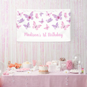 Roze Paarse vlinder Birthday Spandoek